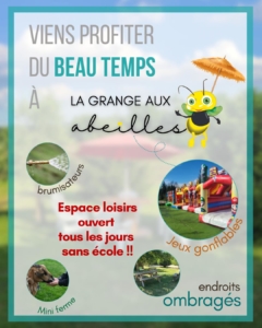photo montrant des jeux gonflables, des brumisateurs, les animaux de la ferme, des endroits ombragés