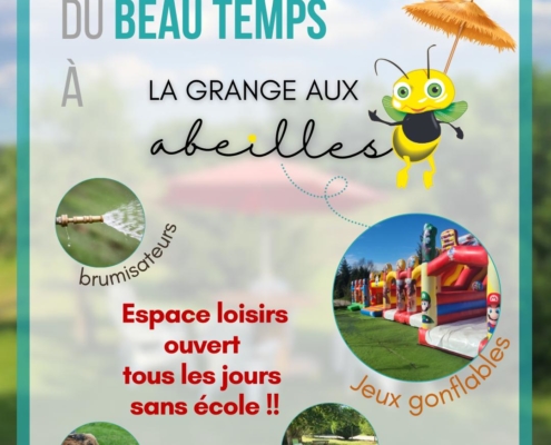 photo montrant des jeux gonflables, des brumisateurs, les animaux de la ferme, des endroits ombragés